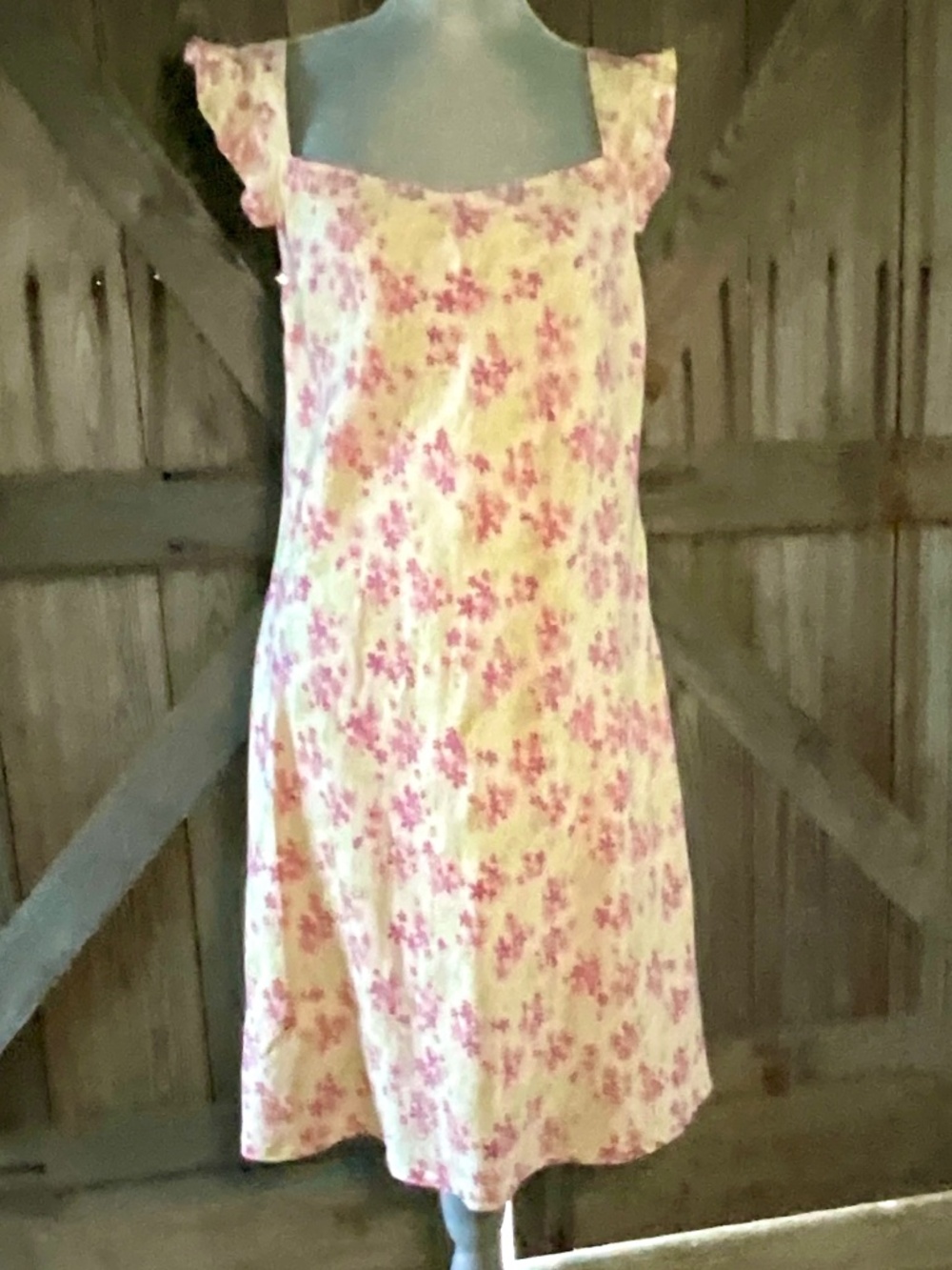 LOFT 100% Linen Floral Midi Dress Size 14 Pink Cream Cottagecore Sleeveless